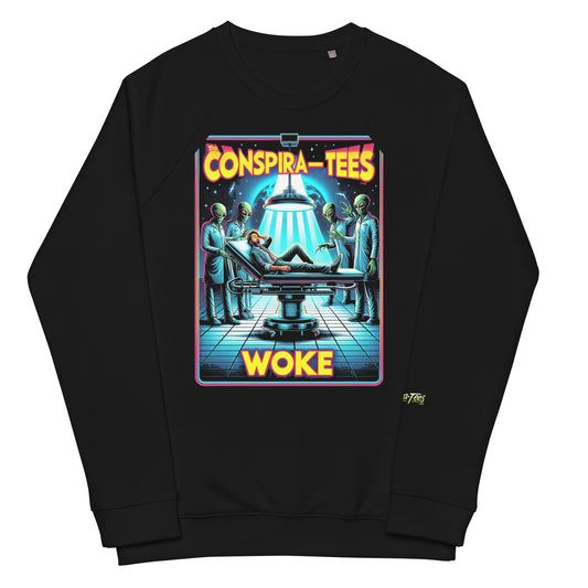 Conspira-tees Alien Operating Table "Woke" Unisex organic raglan sweatshirt