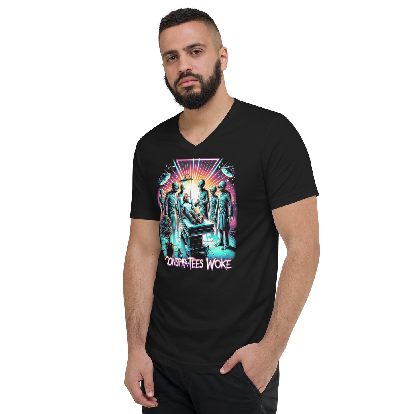 Conspira-tees Alien Operating Table "Woke" Limited Edition Unisex Short Sleeve V-Neck T-Shirt